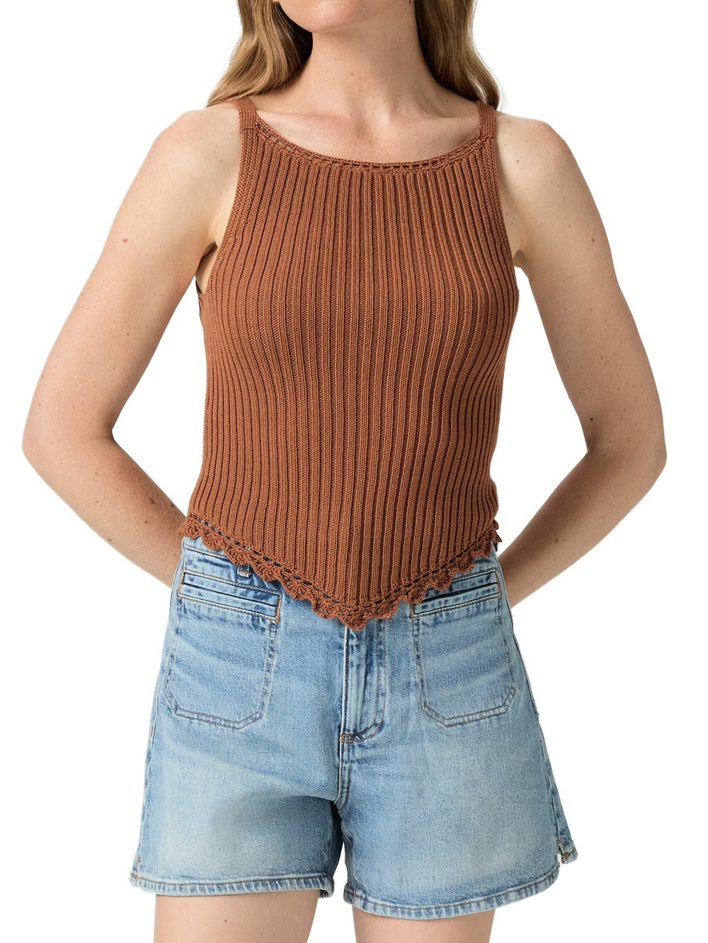 PAIGE Rust Brown Ribbed Knit Tank with Scalloped Point Hem